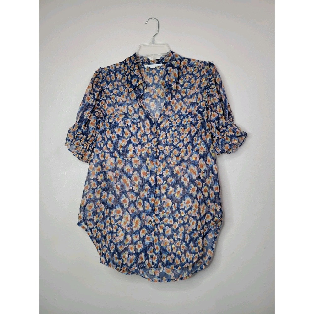 Lovestitch Shirt Women's Small Navy Multi Floral Button Up Ruffle Sleeve Shimmer
